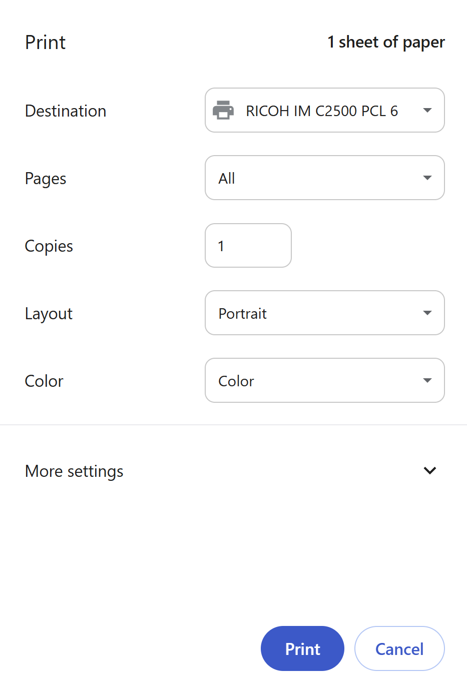 Chrome Print Dialog with Destination Options