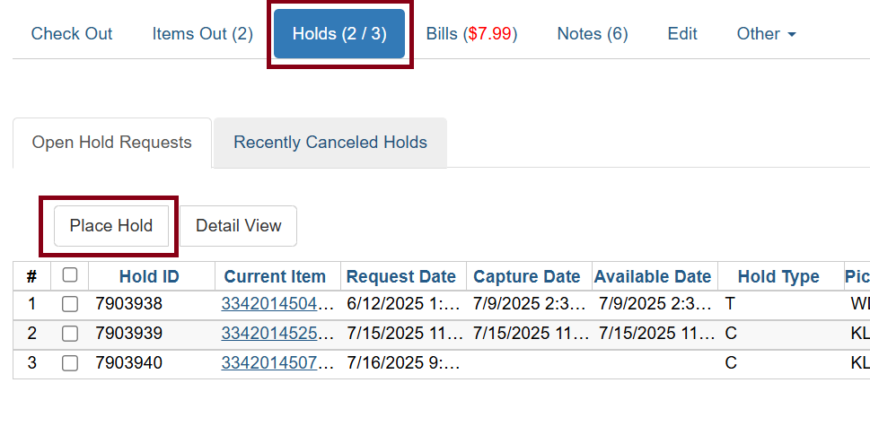 place hold button patron