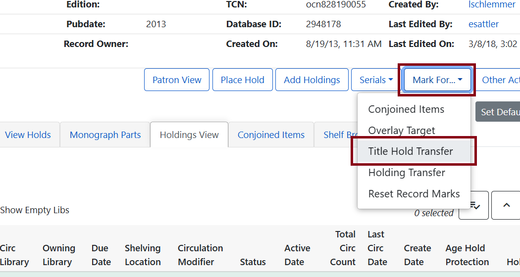 title hold transfer staff catalog