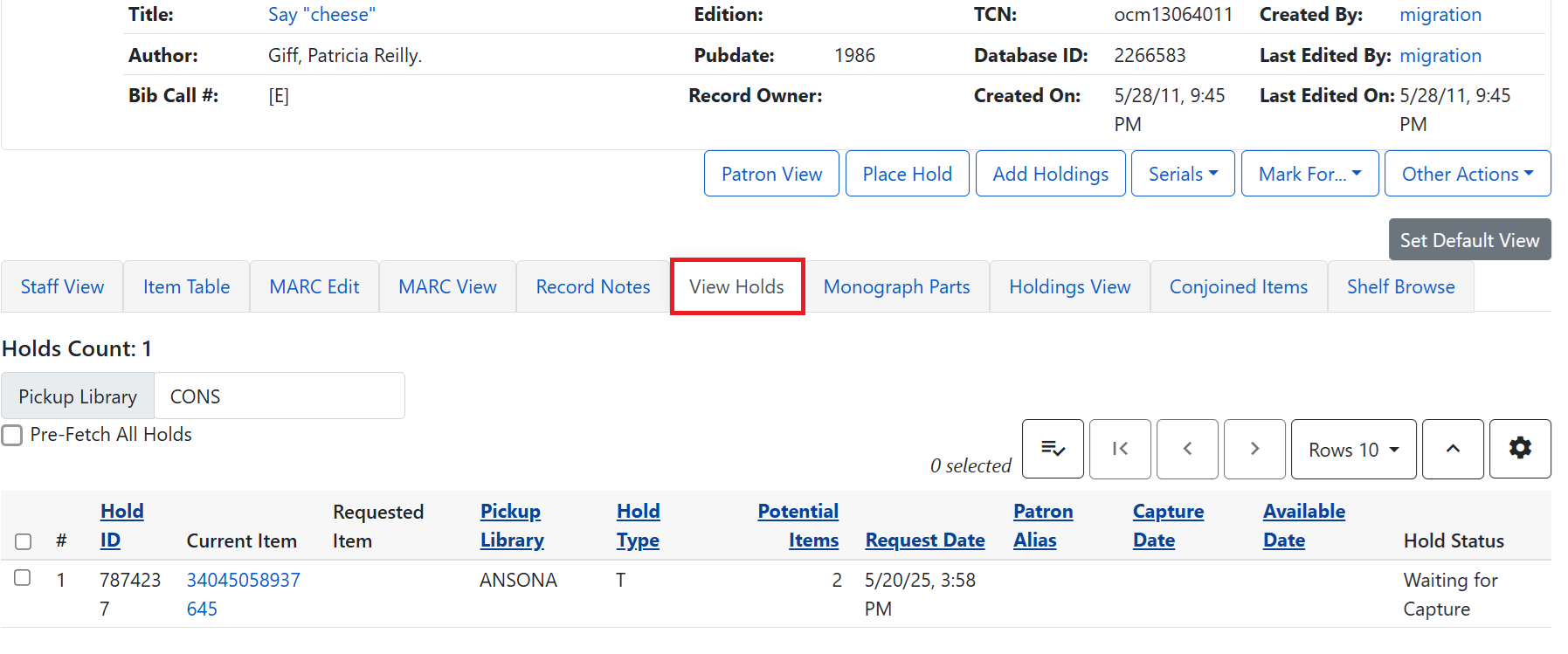 view holds bib record