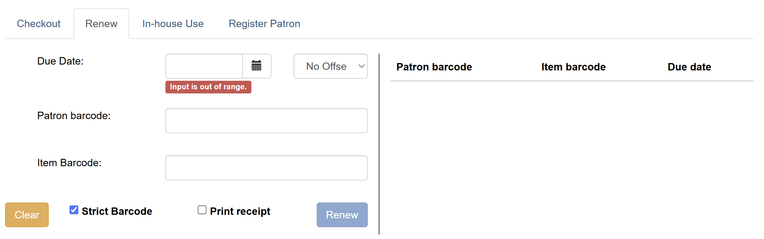 Offline renewal interface showing input fields and transaction list