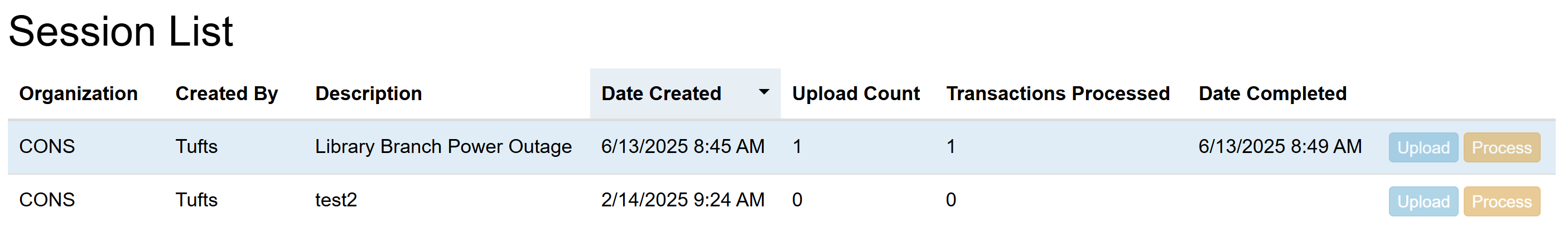 Session list showing completed processing with matching upload and processed counts