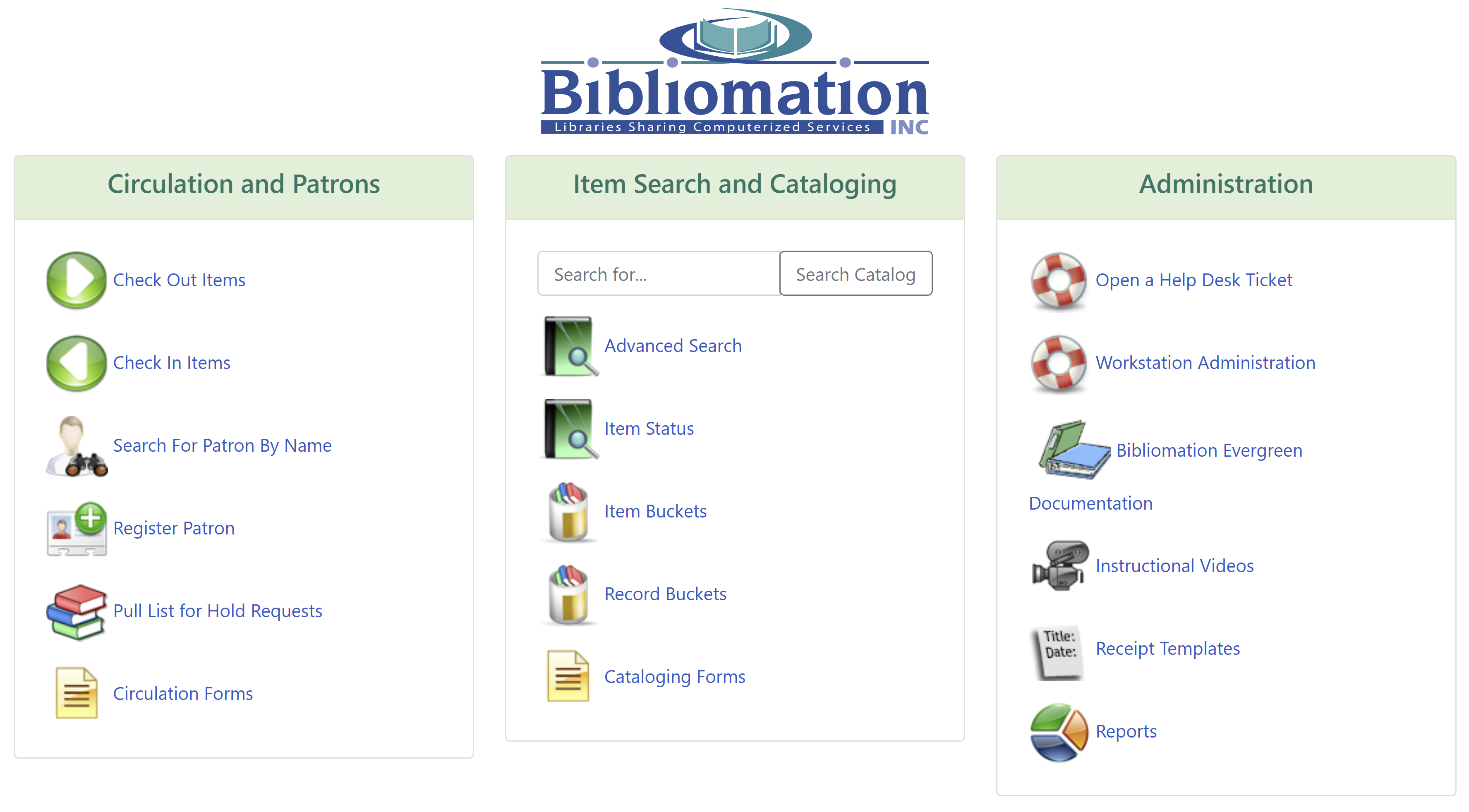 Evergreen Portal showing Administration section in the rightmost column