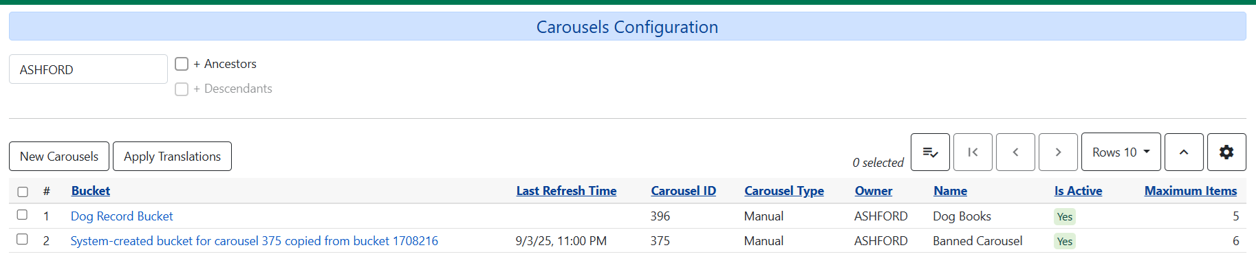 carousel configuration screen