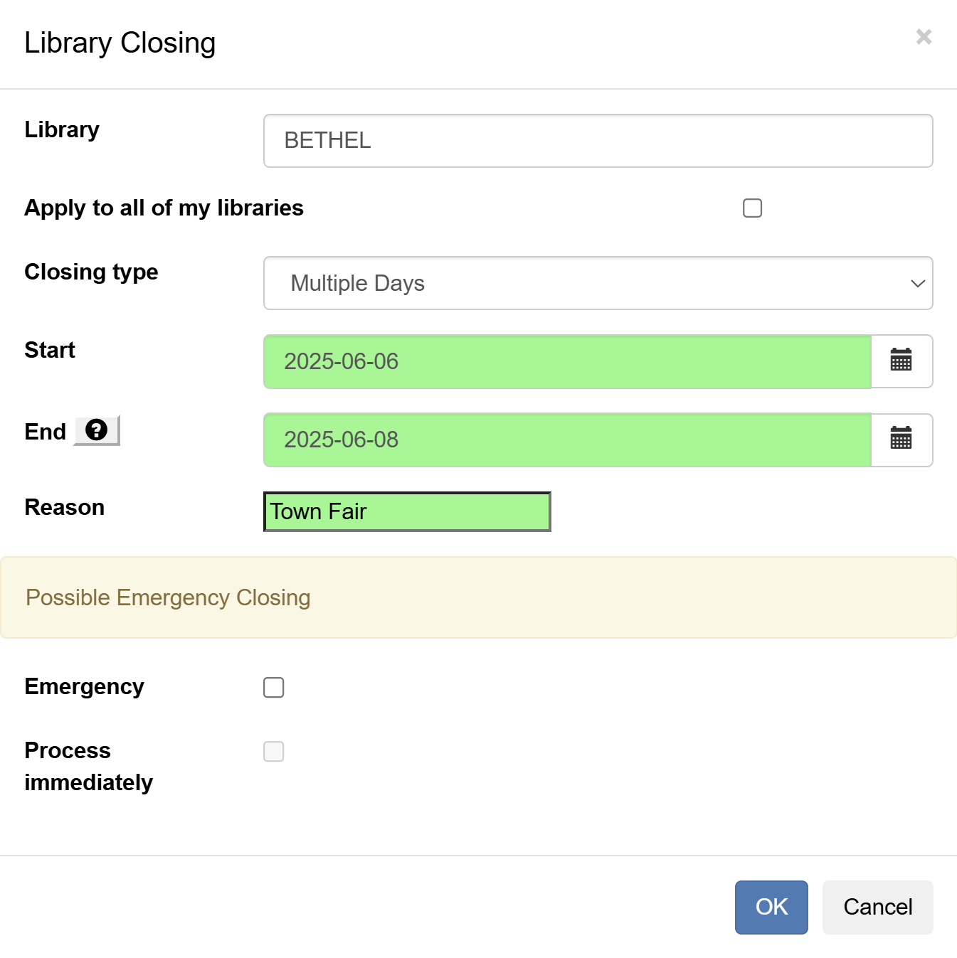 Multiple Day Closure Form