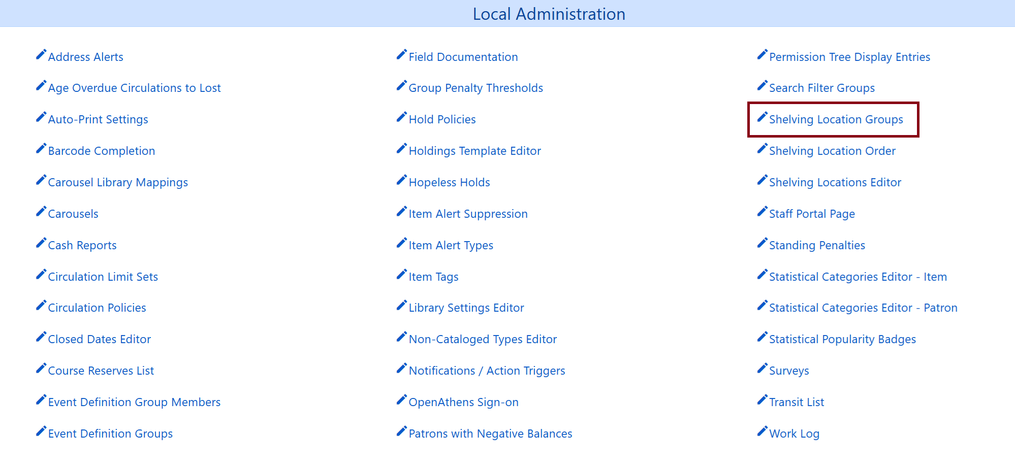 shelving location groups option