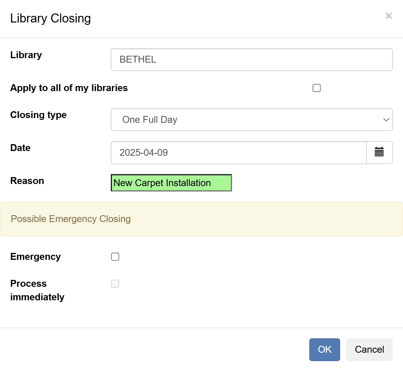 Single Day Closure Form