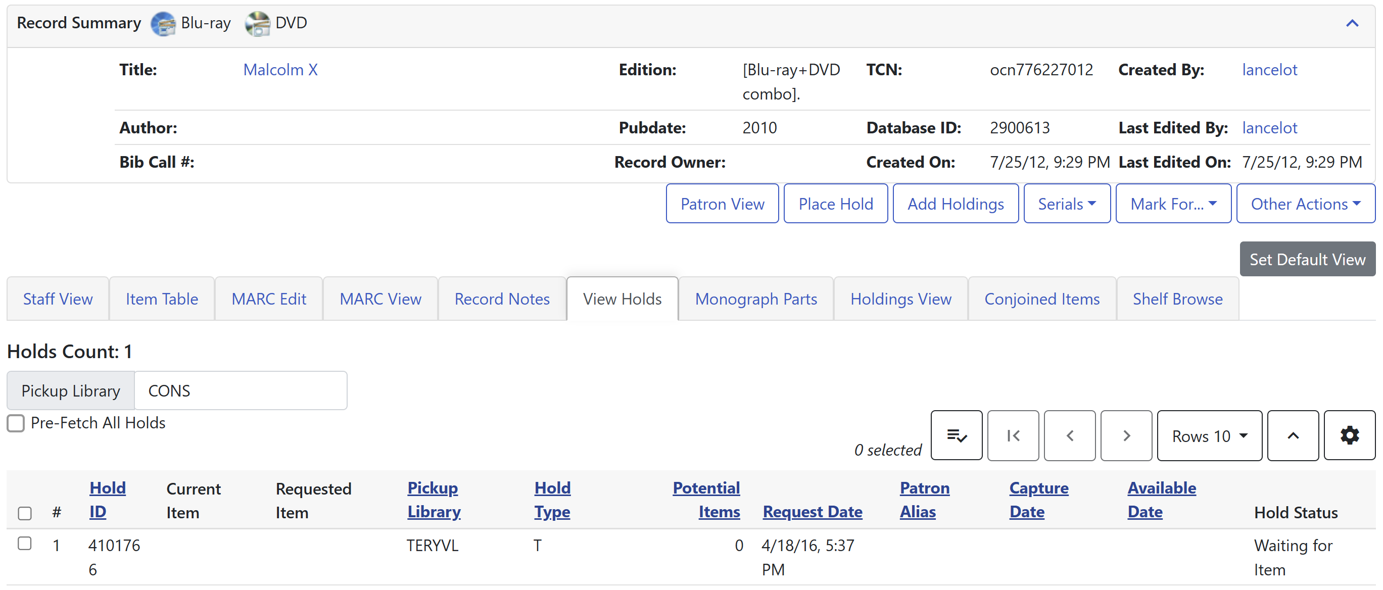 View Holds Tab with Potential Items