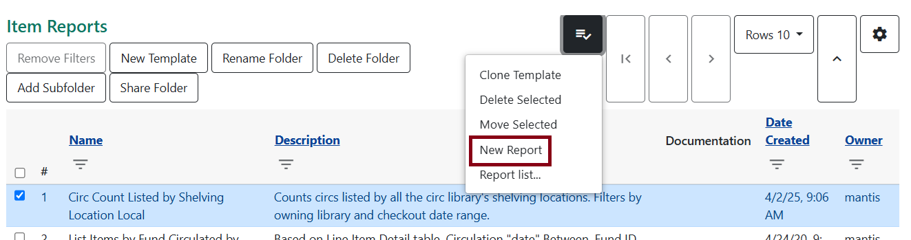 new report option