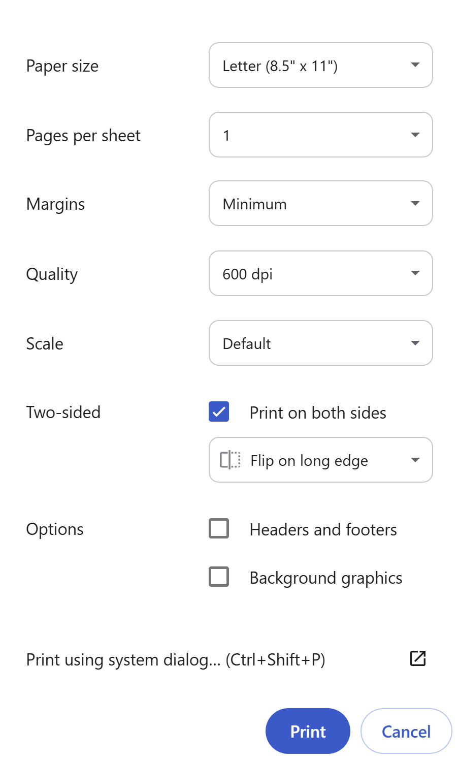 More Settings Option in Chrome Print Dialog