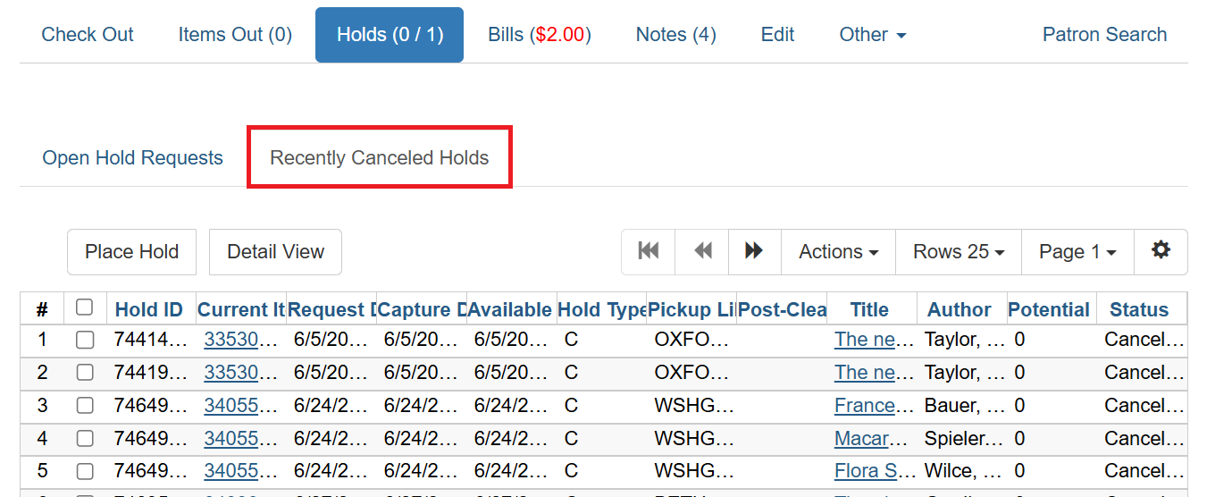 recently canceled holds tab