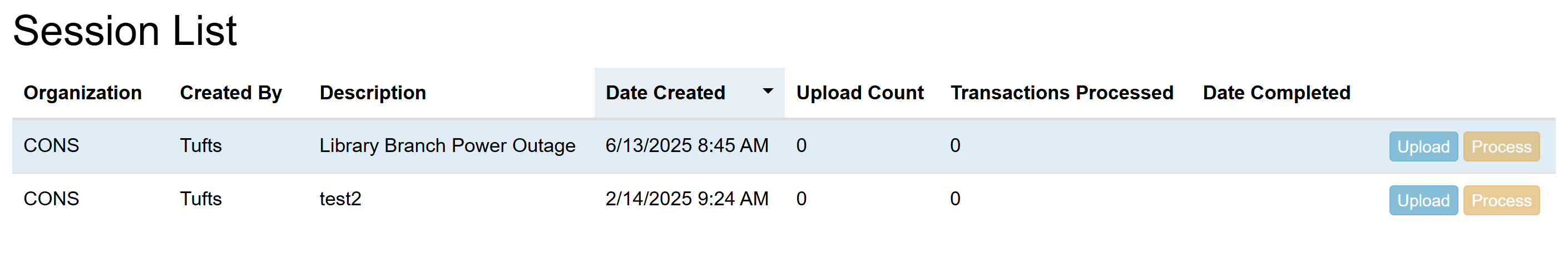 List of offline sessions showing organization