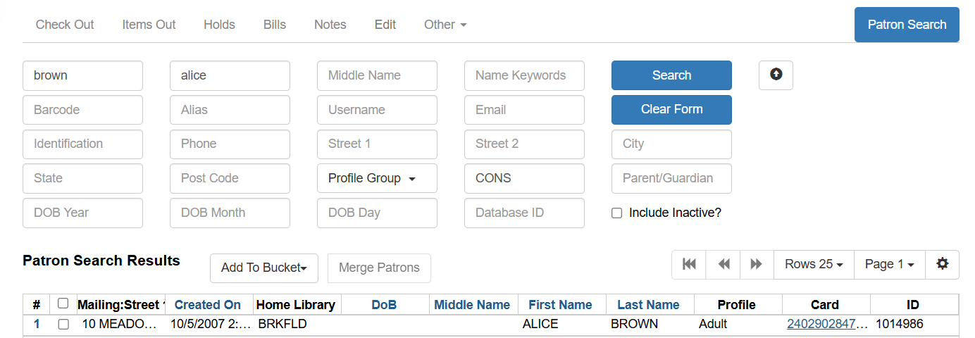 patron search result