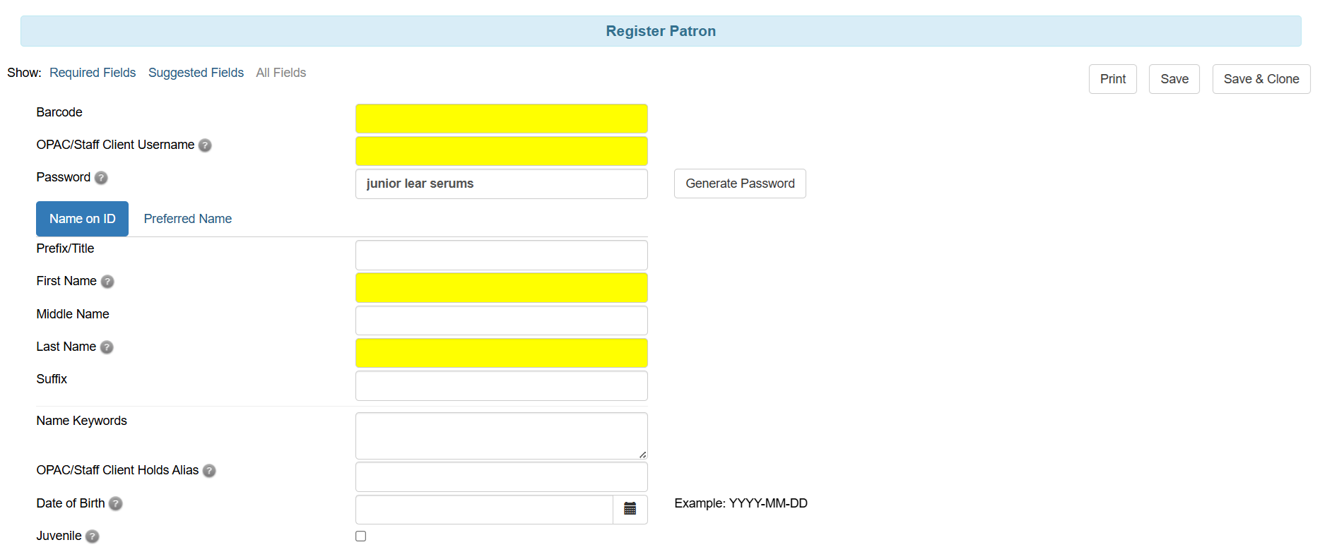 registration screen