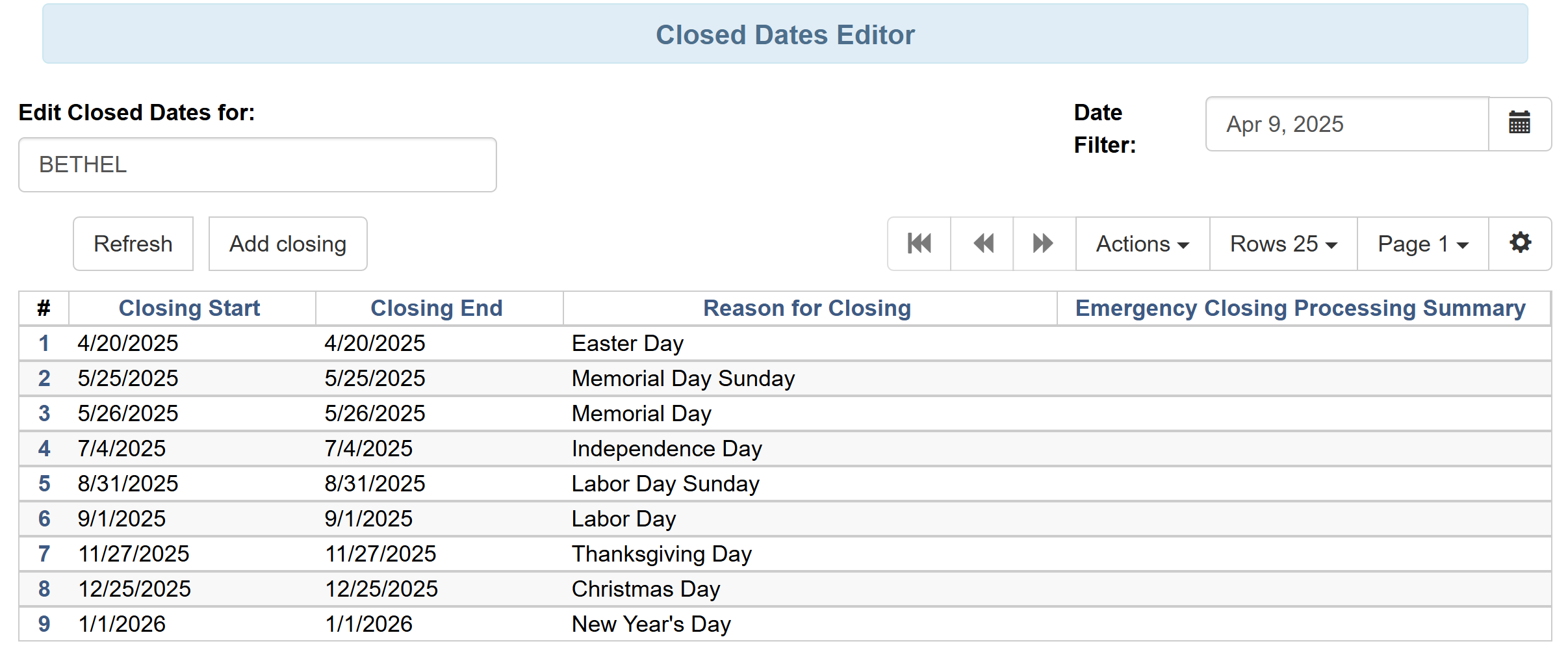 Closed Dates Editor Screen