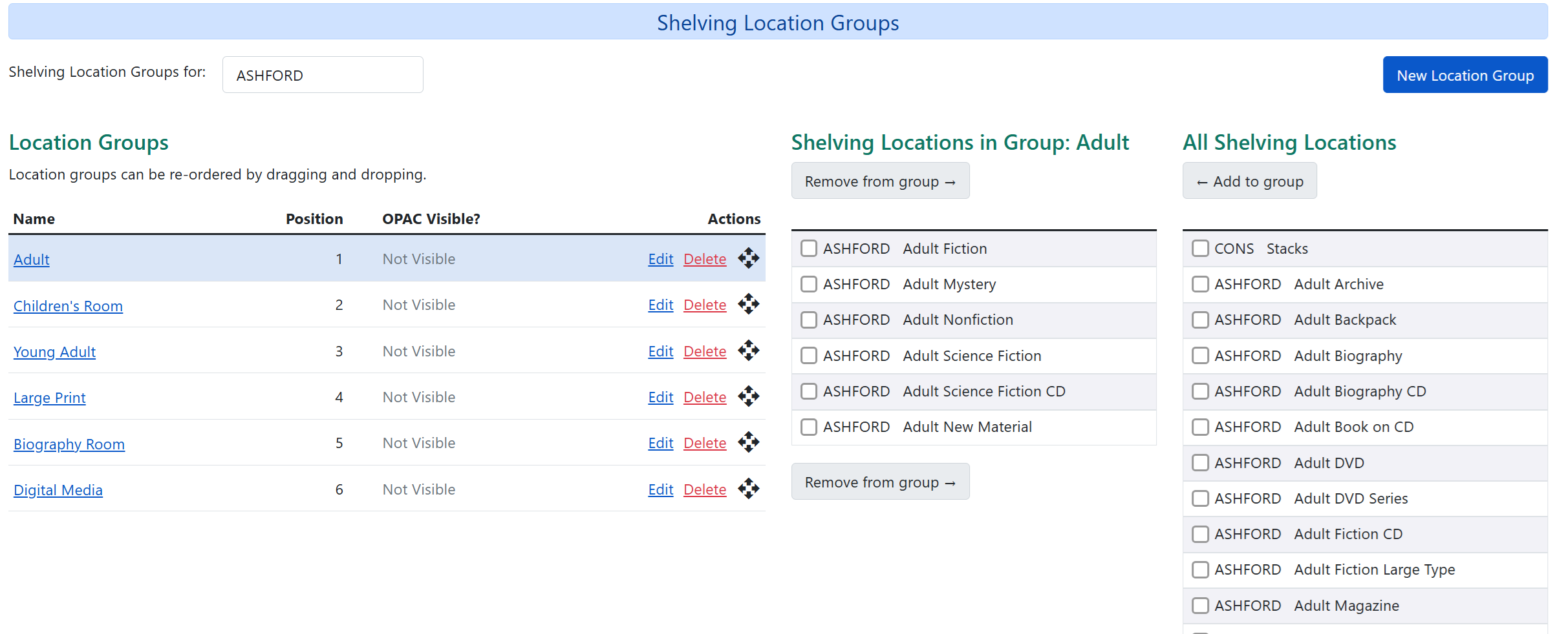 shelving locations menu