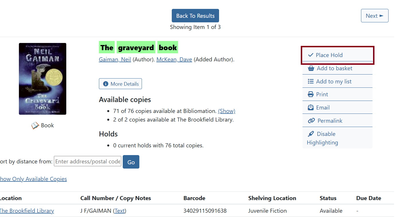 place hold title details