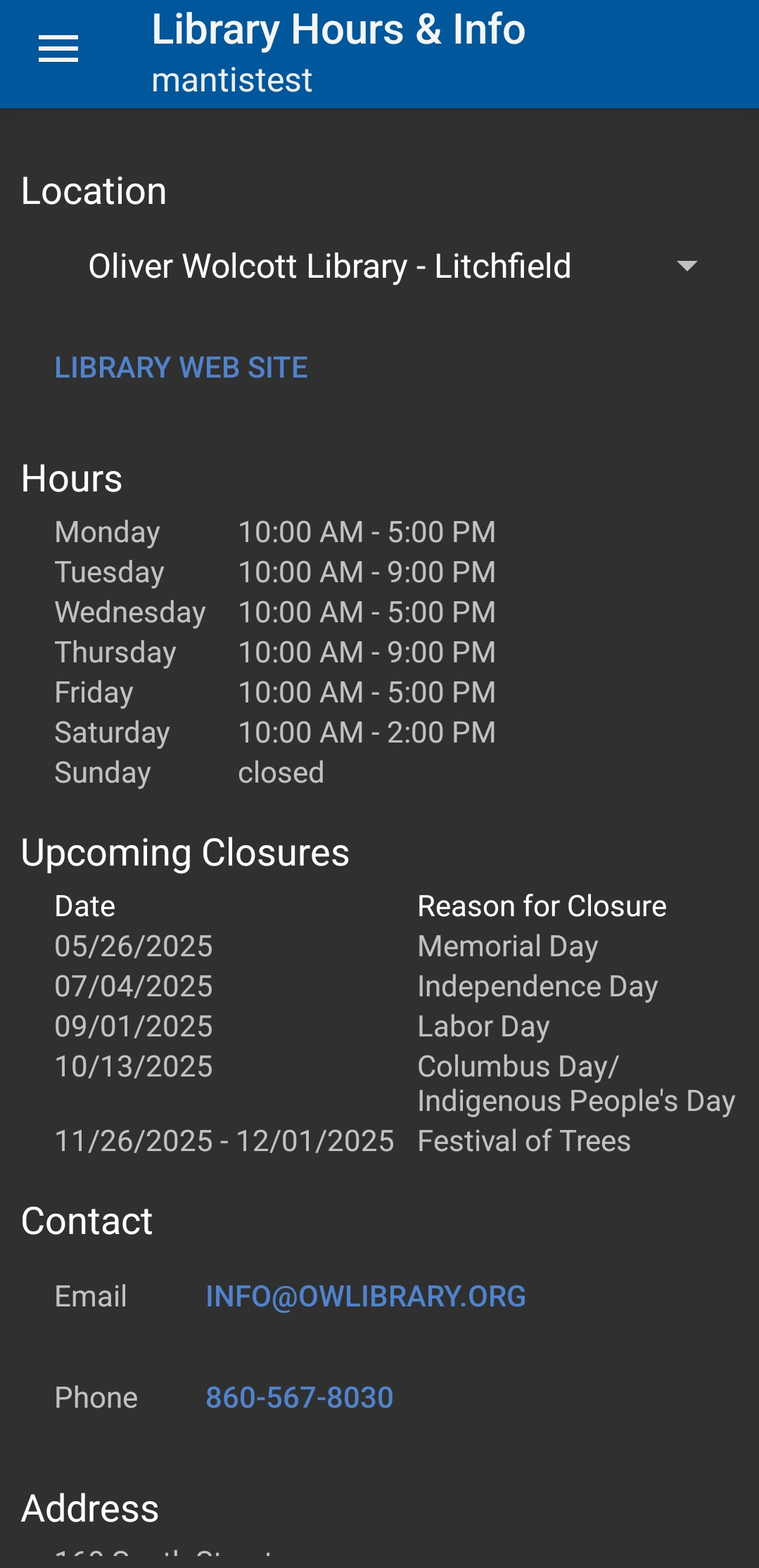 library info screen