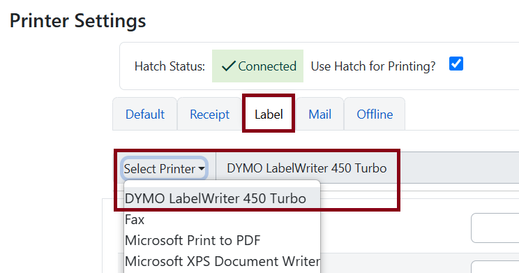 hatch label printer select