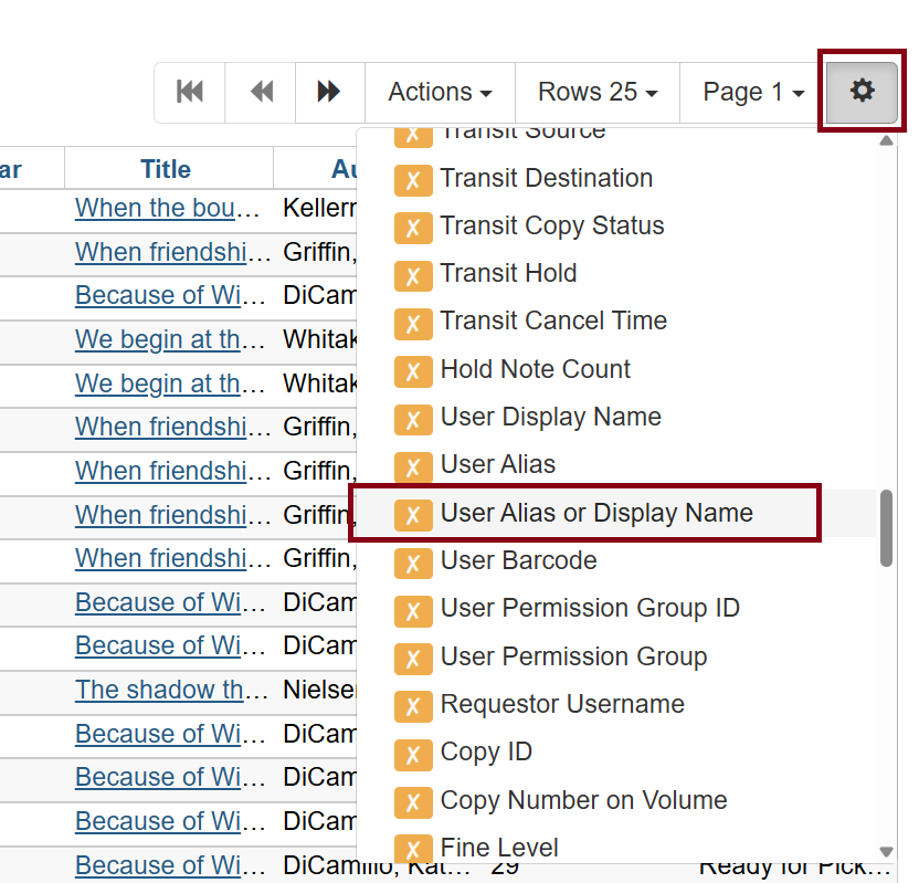 user display column